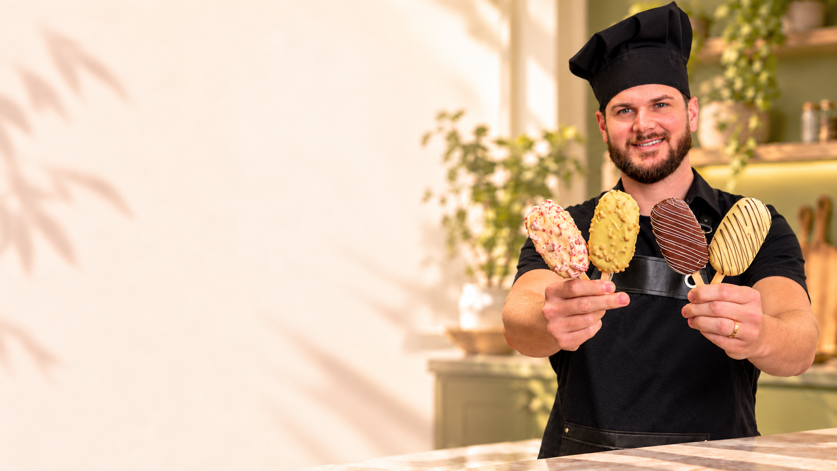 Matheus Engel, chef da Dolce.me, apresentando picolés gourmet